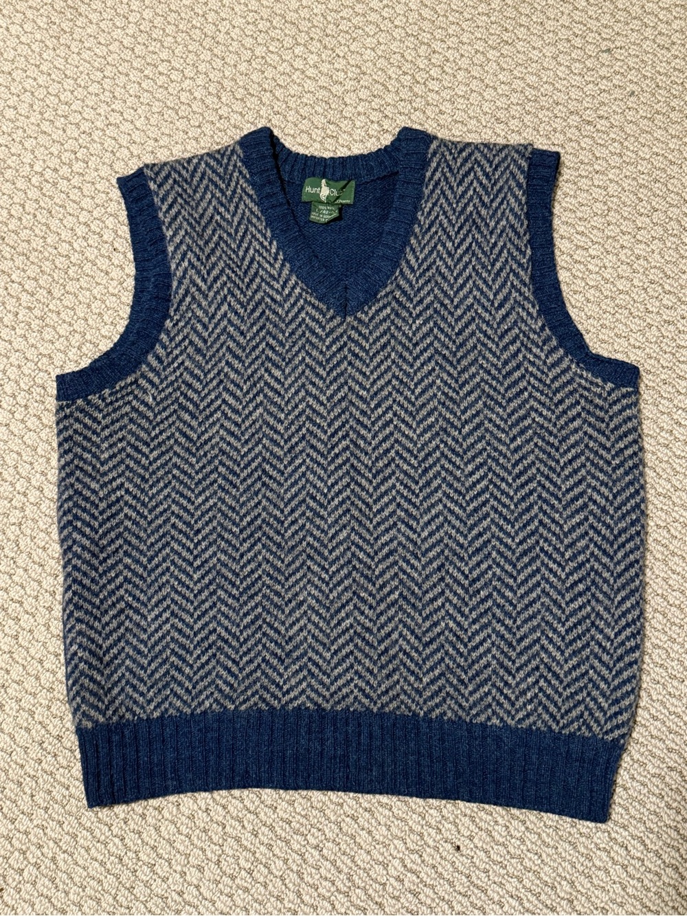 Hunt Club Blue & Gray 100% Wool V-Neck Sweater Vest